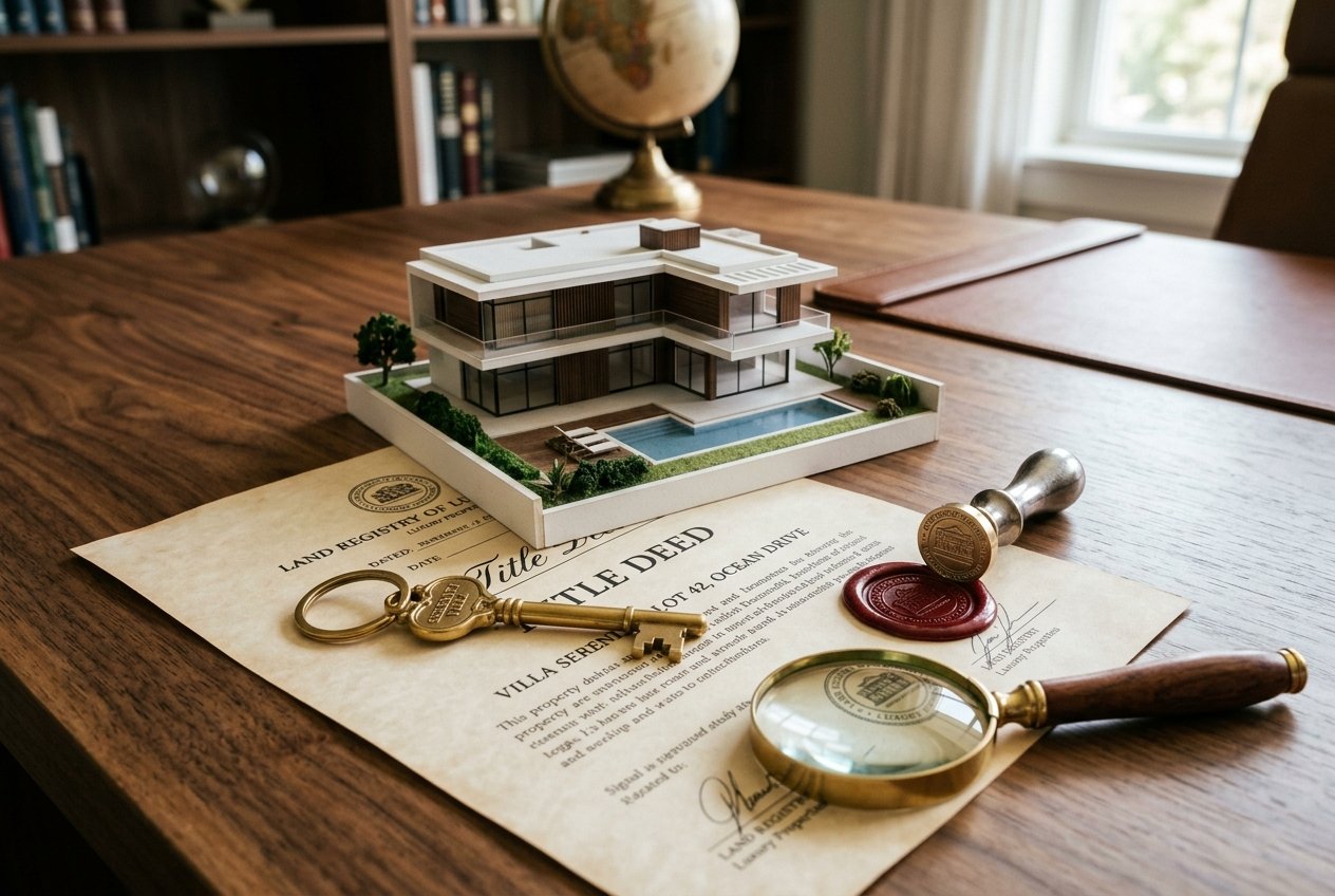Title deed certificate, architectural house model, and keys illustrating freehold vs leasehold ownership
