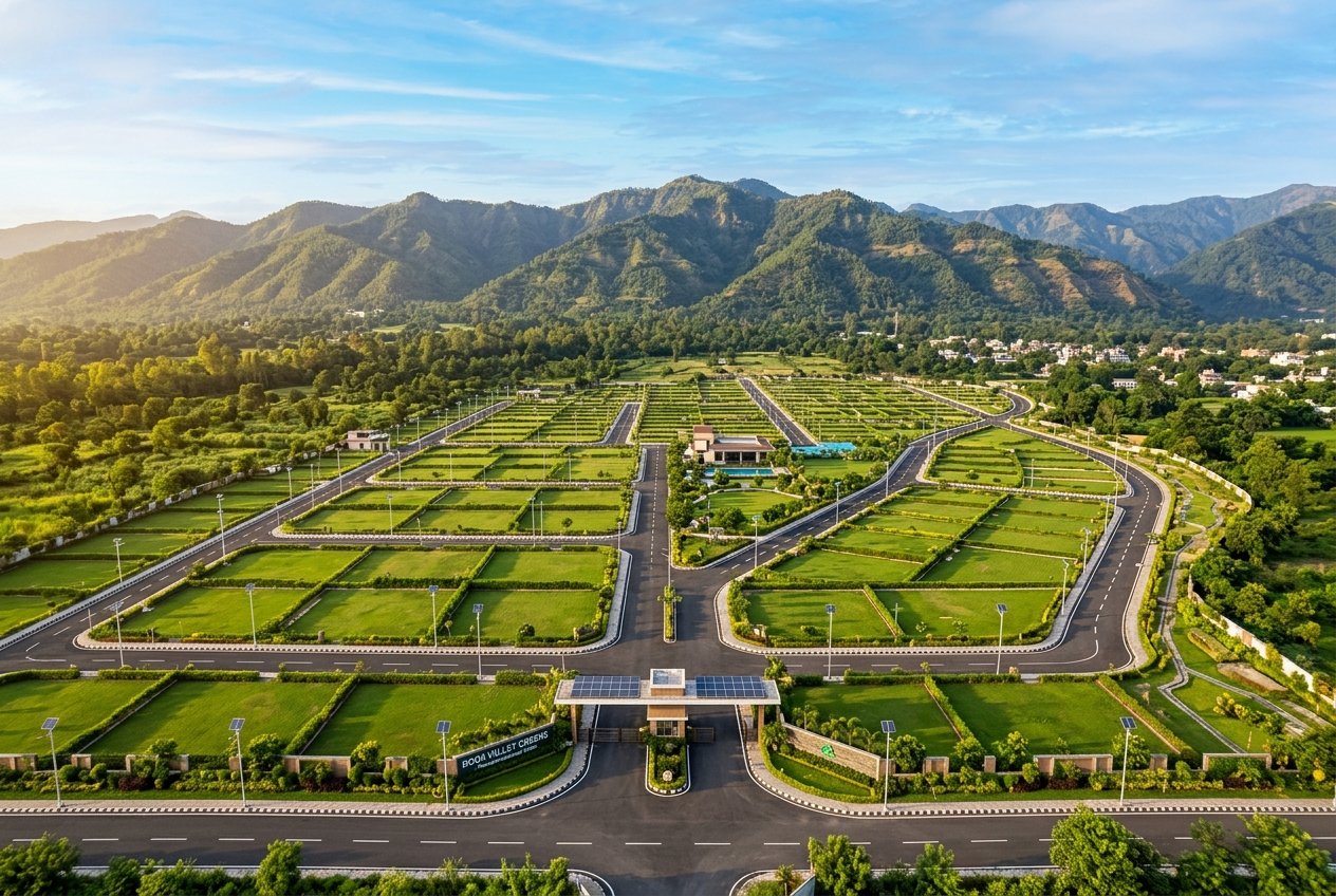 Panoramic aerial view of planned plotted development in Herbertpur Dehradun valley with Himalayan backdrop