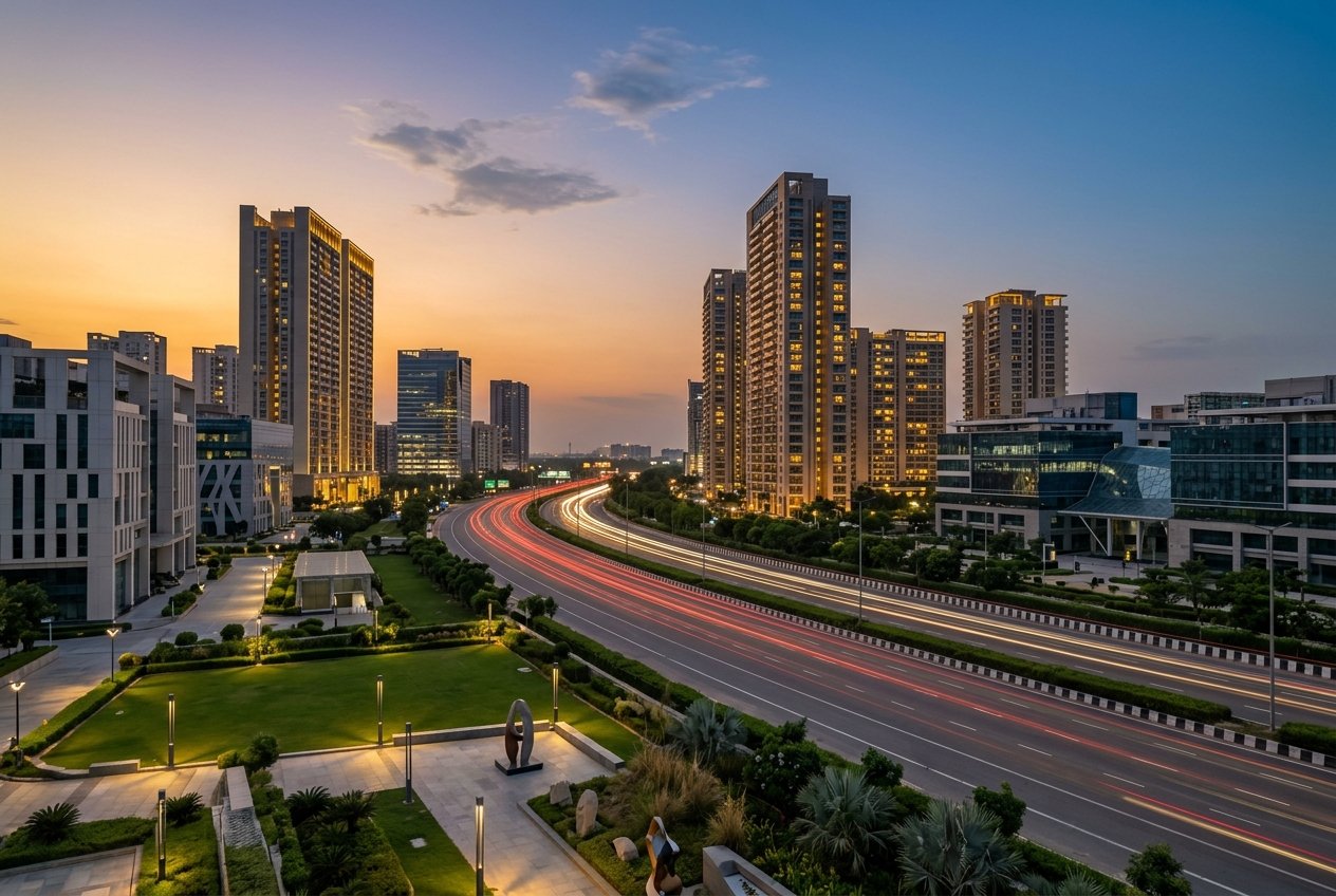 Aerial skyline of Noida Expressway with modern luxury towers and landscaped greens