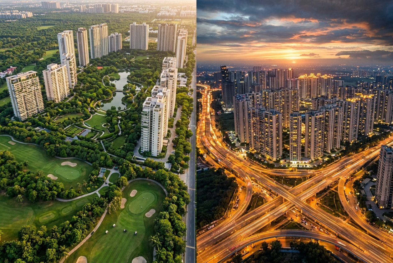 Comparative split perspective of Sector 150 low-density green golf city vs Greater Noida West bustling cityscape