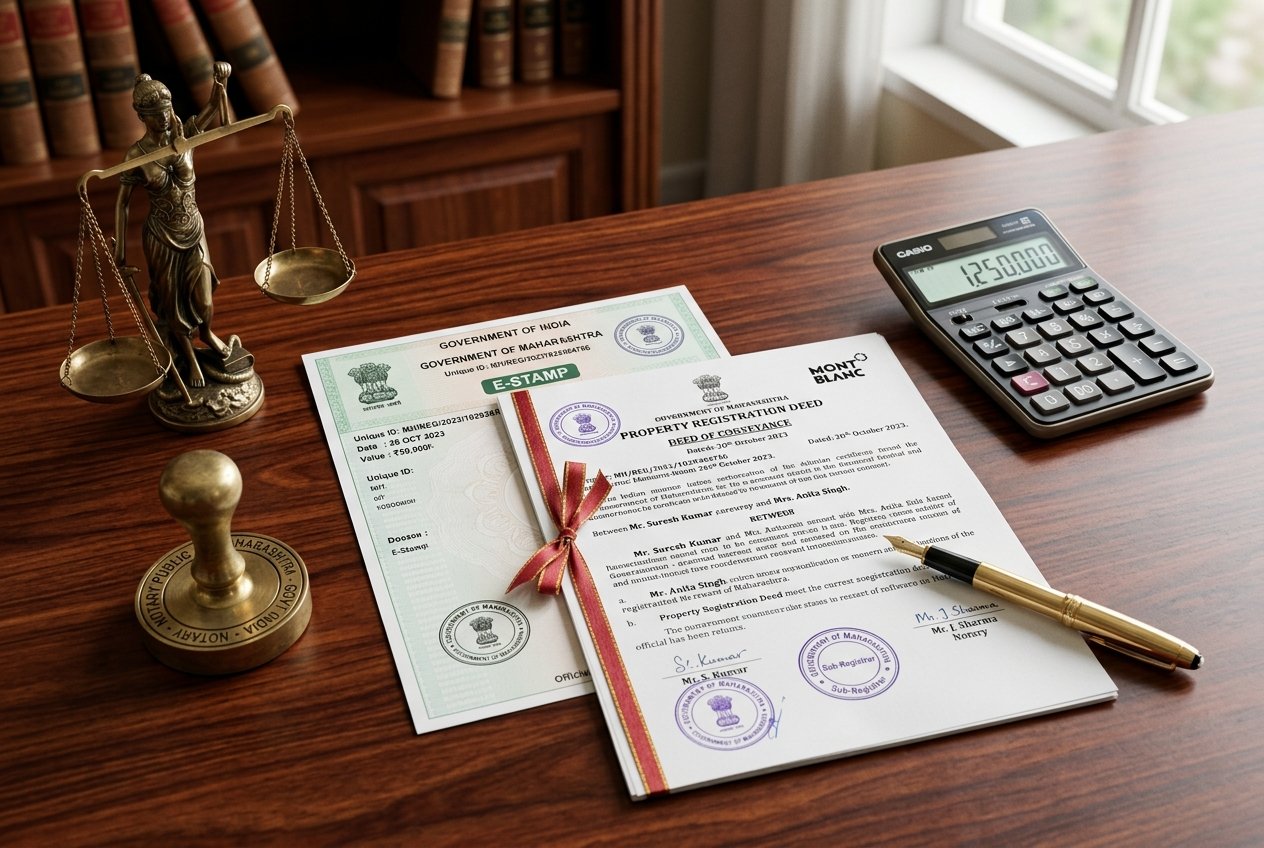 Property registration deed, official e-stamp certificate, calculator and legal scales