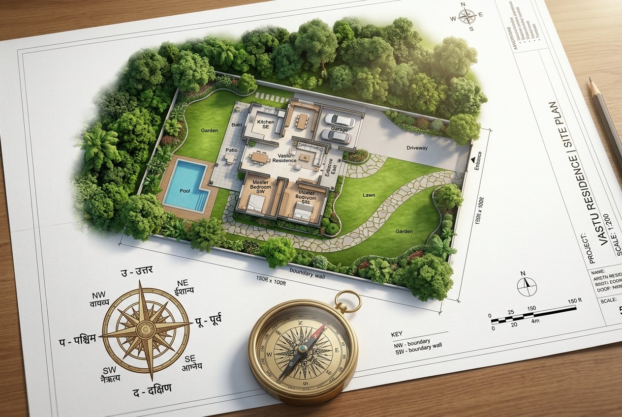 Vastu architectural plot blueprint layout, cardinal direction compass and landscaped residence