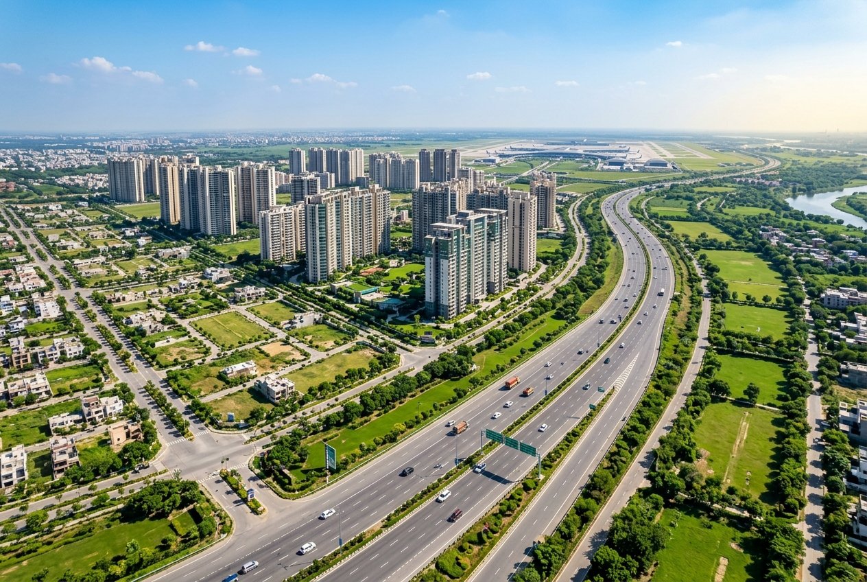 Aerial perspective of Yamuna Expressway corridor with plotted sectors and high-rise developments toward Jewar Airport